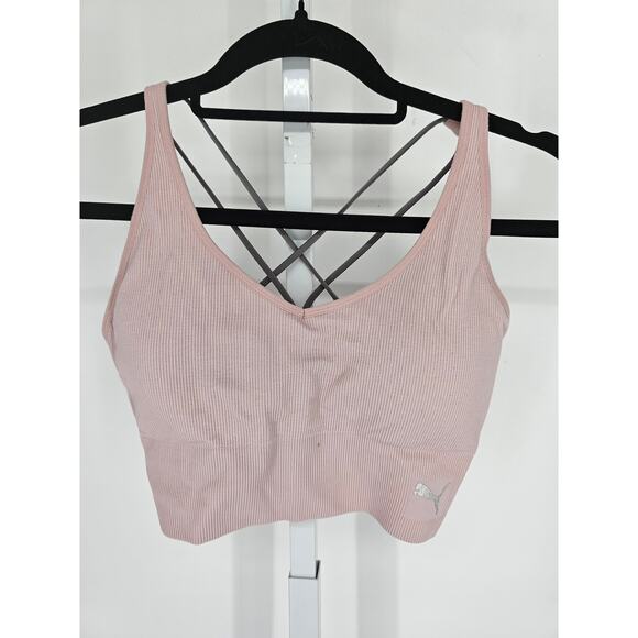 Puma Womens Sz L Longline Sports Bra Light Pink Gray Strappy Ribbed - Picture 1 of 4